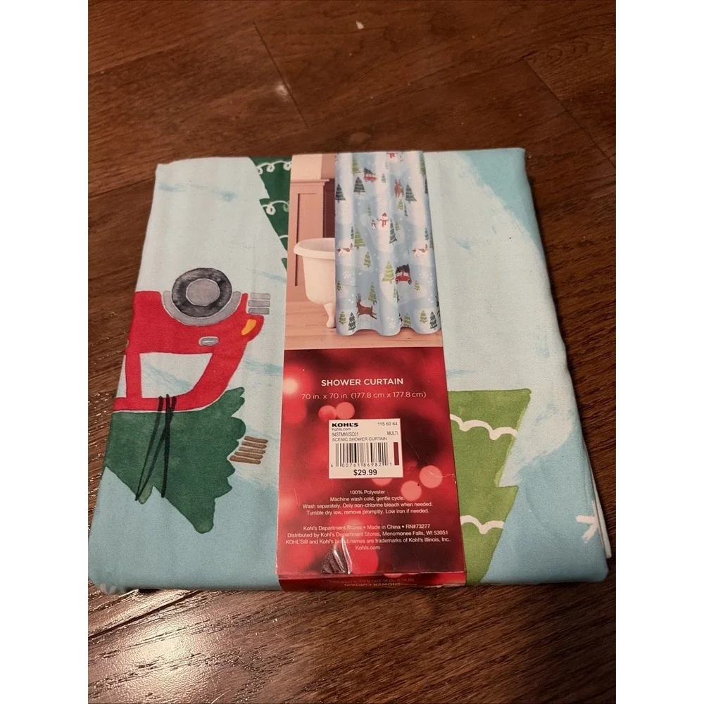 St. Nicholas Square Shower Curtain Winter Scenic Blue Holiday Red Truck NWT